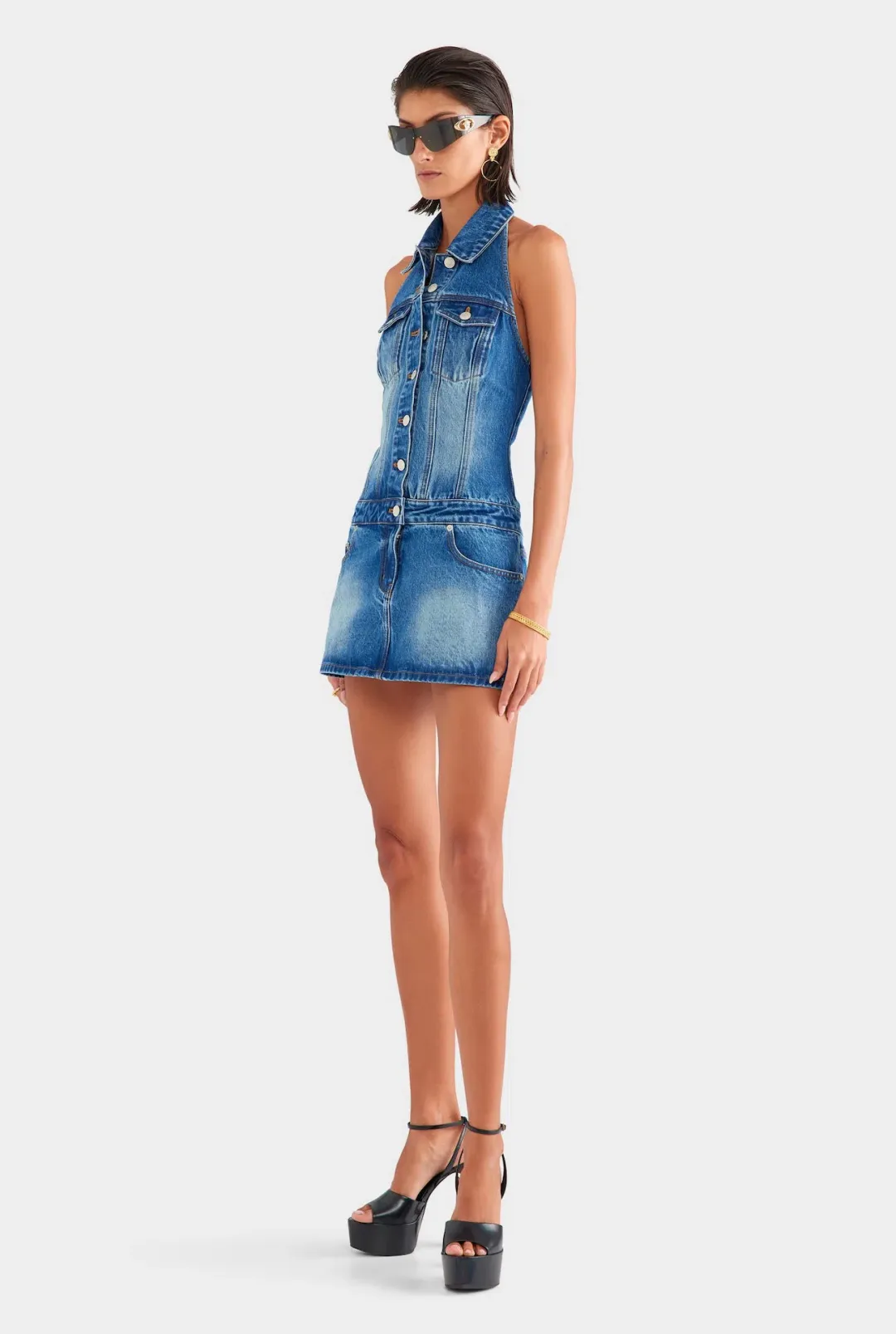 Venroy Denim Halter Mini Dress in Mid Indigo Size S / AU 8 for rent on The Volte - main image