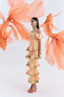 Justin Tong Nirvana Maxi Dress in Orange Tropical Print for rent on The Volte - image 2