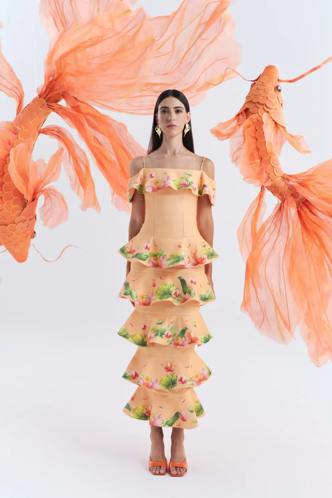 Justin Tong Nirvana Maxi Dress in Orange Tropical Print for rent on The Volte - main image