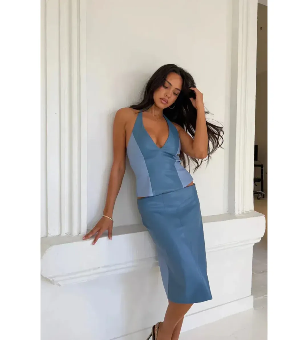 Setaye Azure Halter Top and Midi Skirt Set Blue Size 6 for rent on The Volte - main image