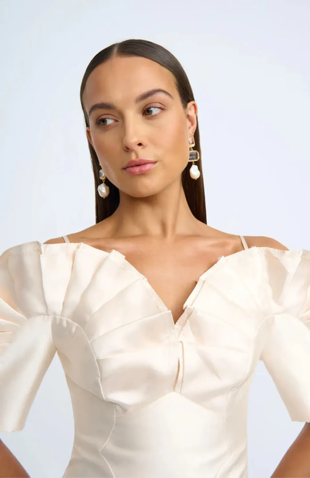 By Johnny Ramira Off Shoulder Mini Dress Champagne Size AU 14 / XL for rent on The Volte - main image