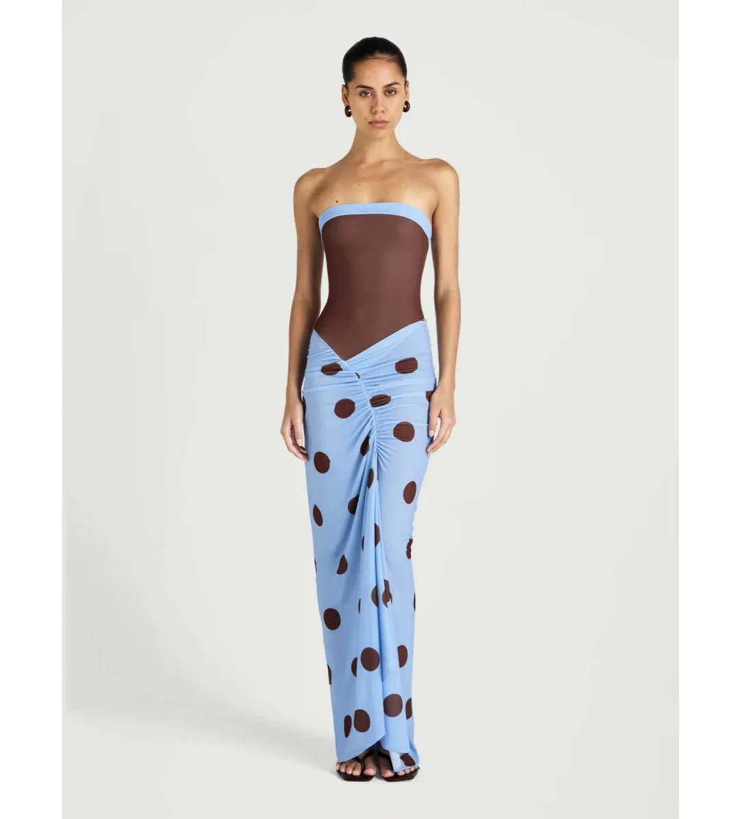 Benni Rumi Strapless Maxi Dress Blue / Choc Polka Size 12 for rent on The Volte - main image