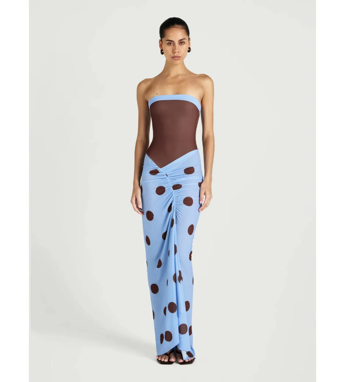 Benni Rumi Strapless Maxi Dress Blue / Choc Polka Size 12 for rent on The Volte - main image