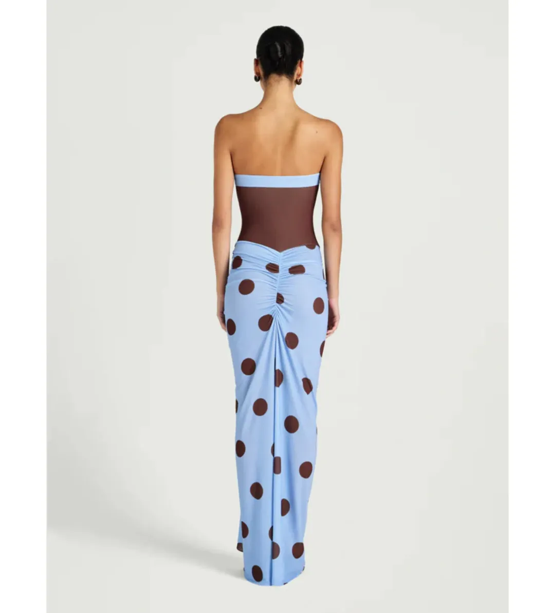 Benni Rumi Strapless Maxi Dress Blue / Choc Polka Size 12 for rent on The Volte - main image
