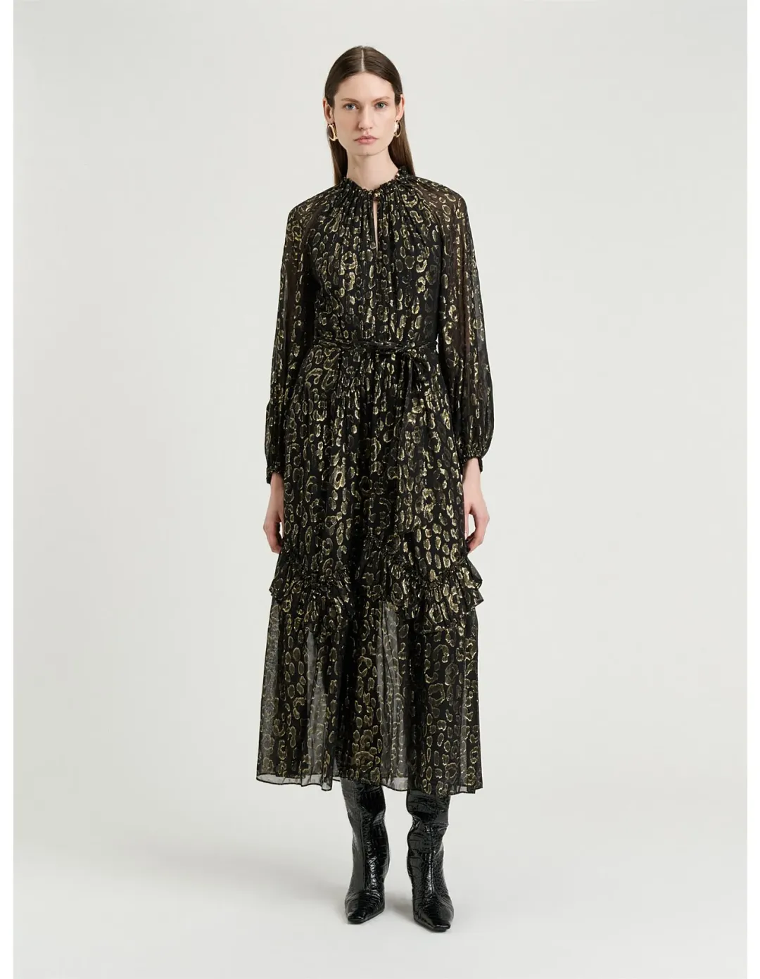 Veronika Maine Metallic Jacquard Georgette Dress Size 6 Black for rent on The Volte - main image