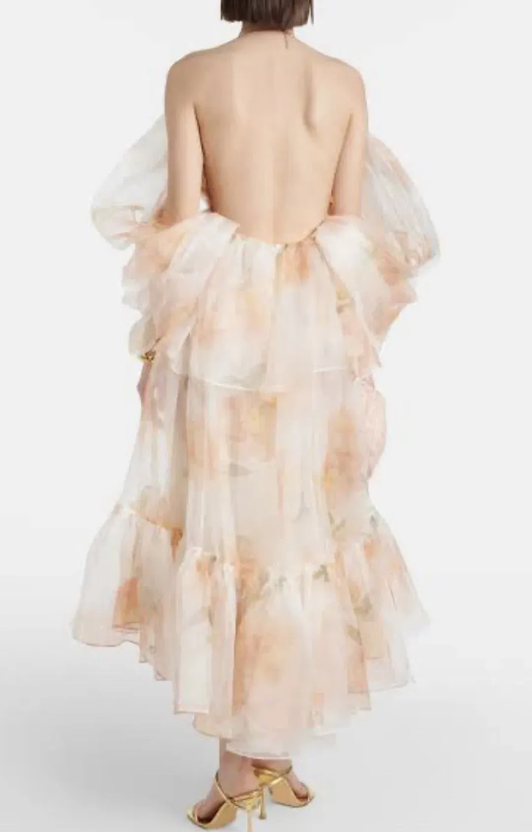 Zimmermann Natura Tiered Floral Silk Halter Neck Midi Dress Cream Peach Size 8 / 0 — Wedding Guest, Races, Cocktail for rent on The Volte - main image