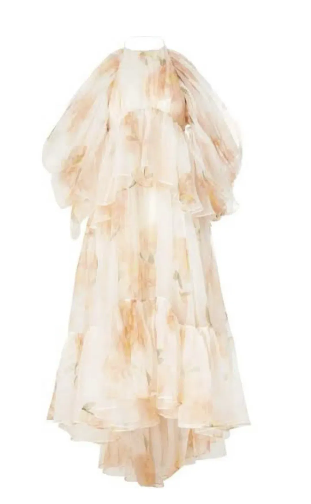 Zimmermann Natura Tiered Floral Silk Halter Neck Midi Dress Cream Peach Size 8 / 0 — Wedding Guest, Races, Cocktail for rent on The Volte - main image