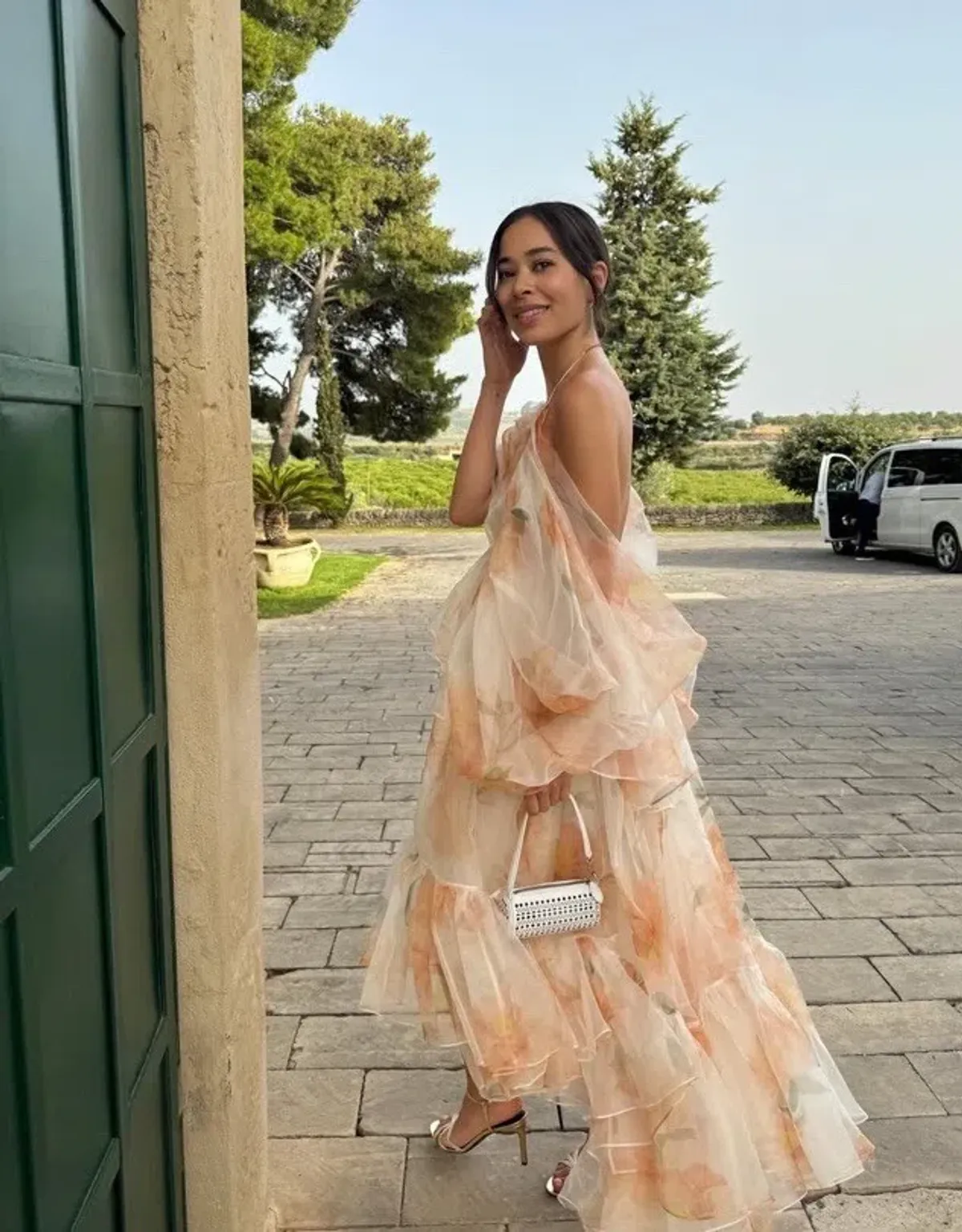 Zimmermann Natura Tiered Floral Silk Halter Neck Midi Dress Cream Peach Size 8 / 0 — Wedding Guest, Races, Cocktail for rent on The Volte - main image