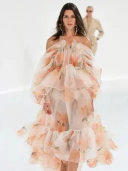 Zimmermann Natura Tiered Floral Silk Halter Neck Midi Dress Cream Peach Size 8 / 0 — Wedding Guest, Races, Cocktail for rent on The Volte - image 3