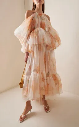 Zimmermann Natura Tiered Floral Silk Halter Neck Midi Dress Cream Peach Size 8 / 0 — Wedding Guest, Races, Cocktail for rent on The Volte - image 4