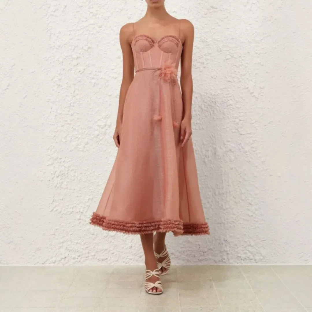 Zimmermann Luna Ruffle Midi Dress In Peony Size 1 / 10 AU for rent on The Volte - main image