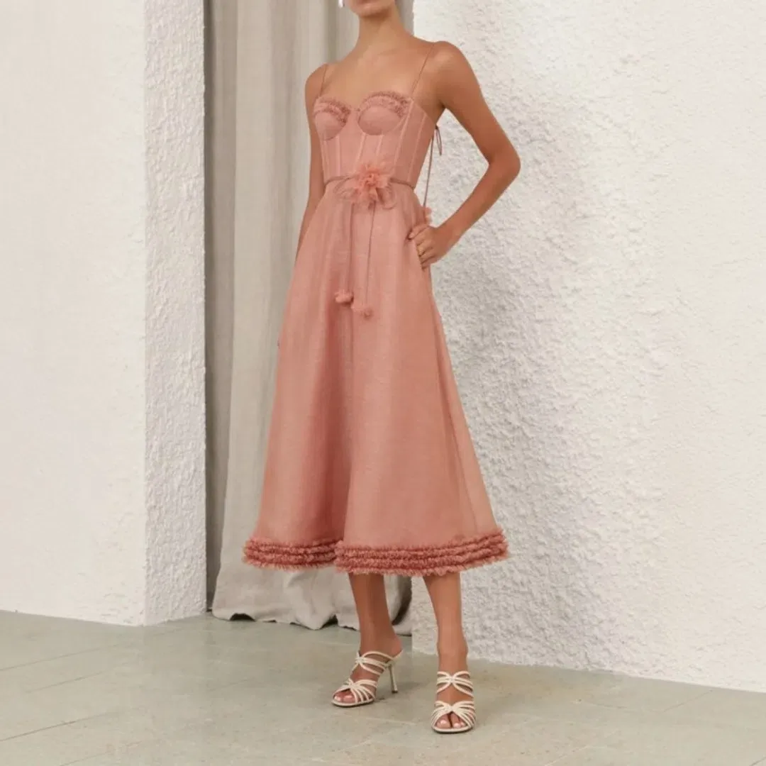 Zimmermann Luna Ruffle Midi Dress In Peony Size 1 / 10 AU for rent on The Volte - main image