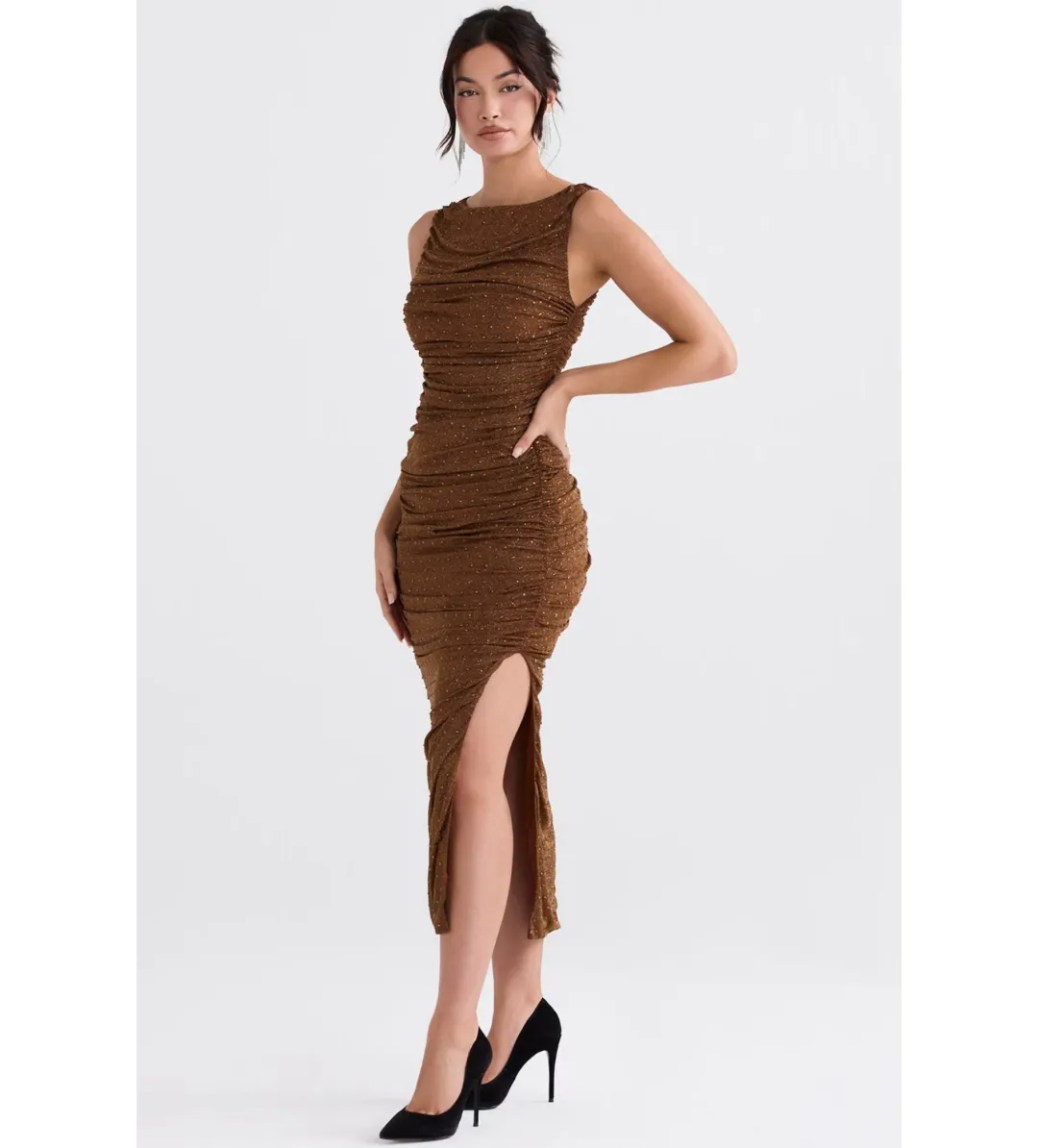 House of CB Laurie Coffee Crystallised Maxi Dress Size 6 for rent on The Volte - main image
