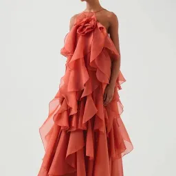 🧡AJE Pandorea Layered Maxi Dress – Size 14 - Clay Coral Orange/Brown Formal Tiered Gown 🧡 for rent on The Volte - image 5