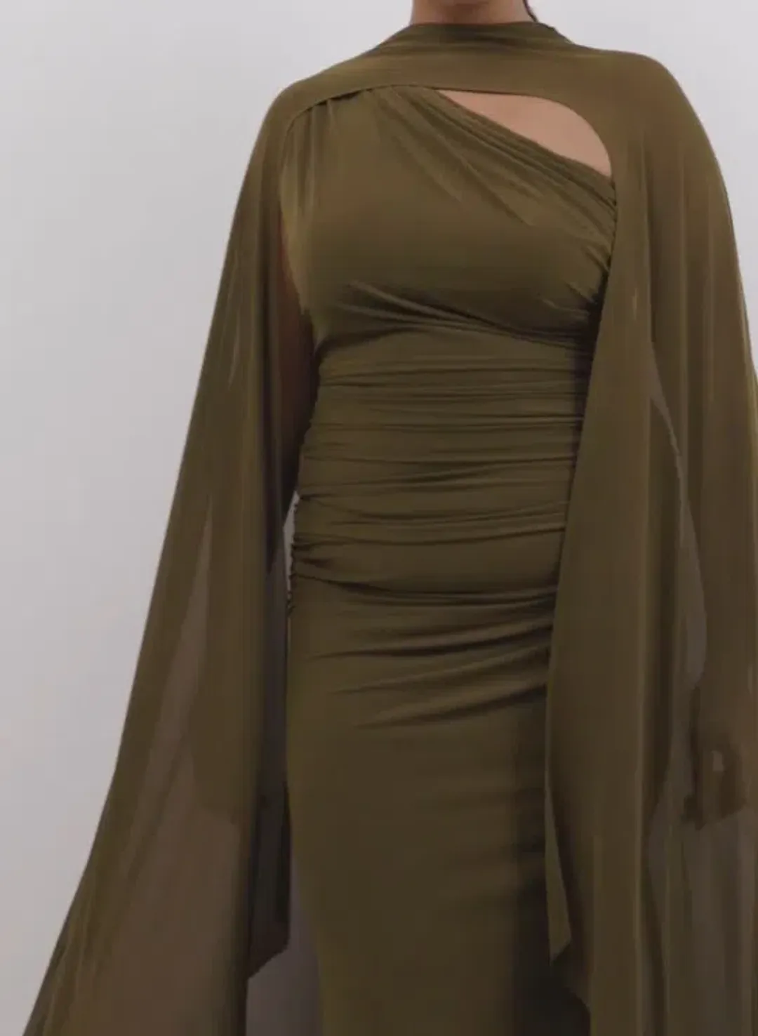 Sheike Hallie Gown Khaki Green With Cape Maxi Dress Sizes 16 for rent on The Volte - main image