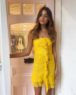 Bec & Bridge Hibiscus Golden Strapless Dress in Marigold Print Size 6 for rent on The Volte - image 2