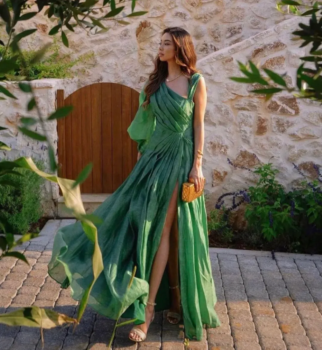 Leo Lin Abby One Shoulder Forest Green Dress Size 14 for rent on The Volte - main image