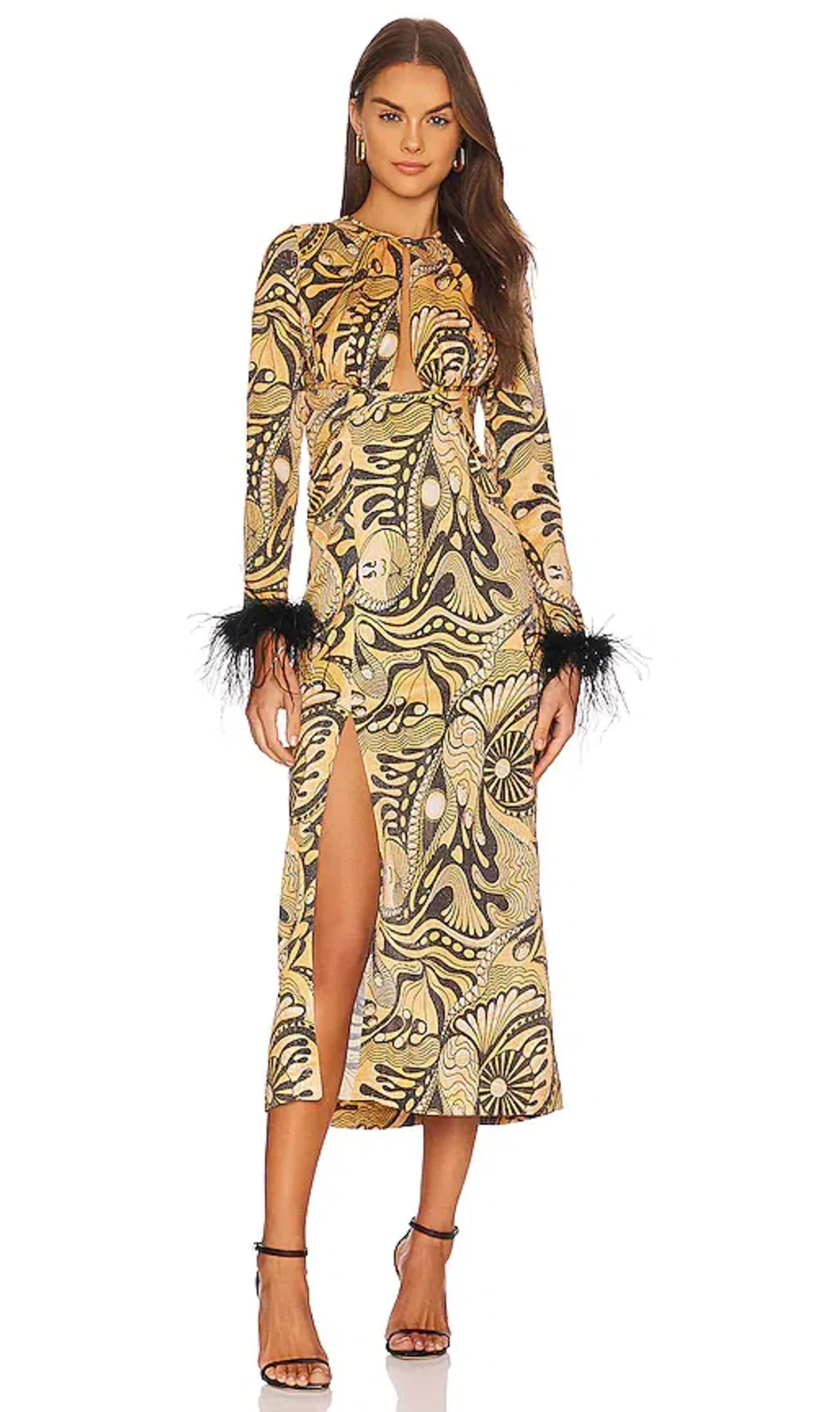Alice McCall Gold Dust Feather Midi Dress | Size AU 12 for rent on The Volte - main image