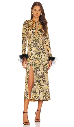 Alice McCall Gold Dust Feather Midi Dress | Size AU 12 for rent on The Volte - image 1