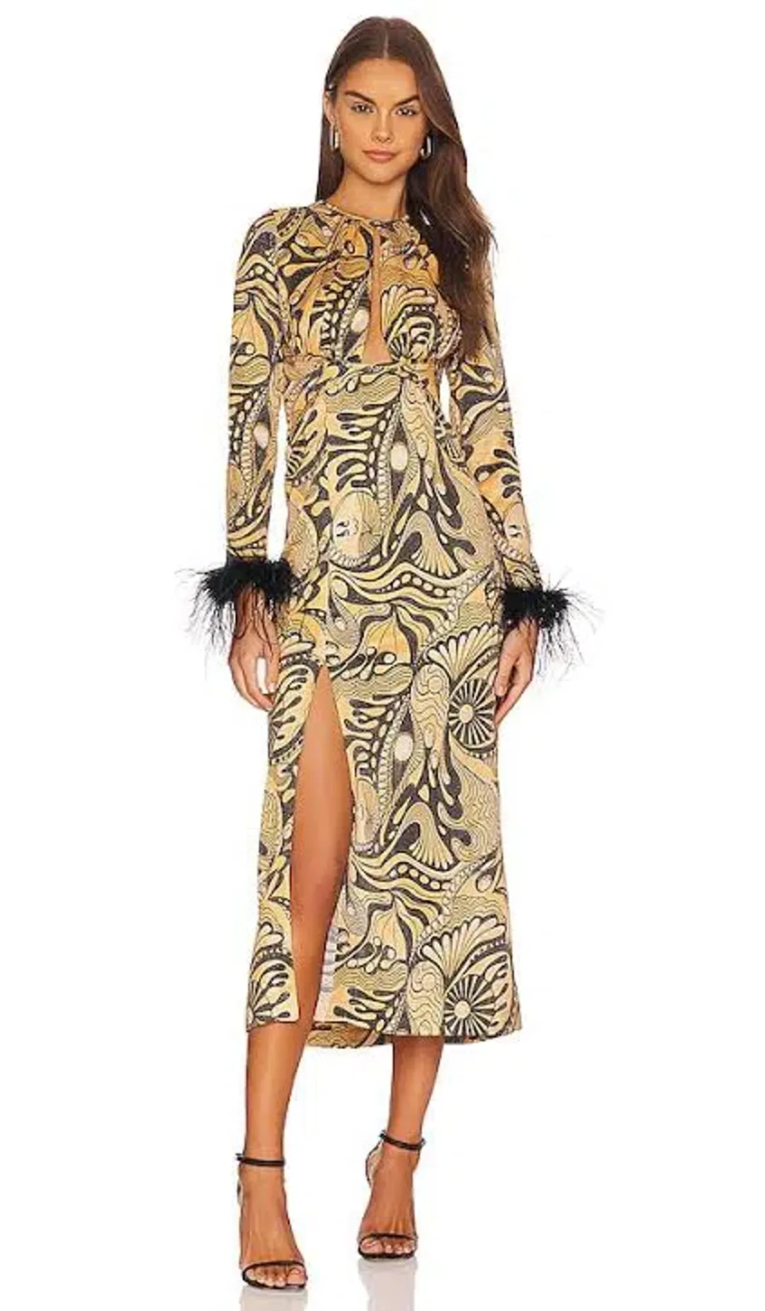 Alice McCall Gold Dust Feather Midi Dress | Size AU 12 for rent on The Volte - main image