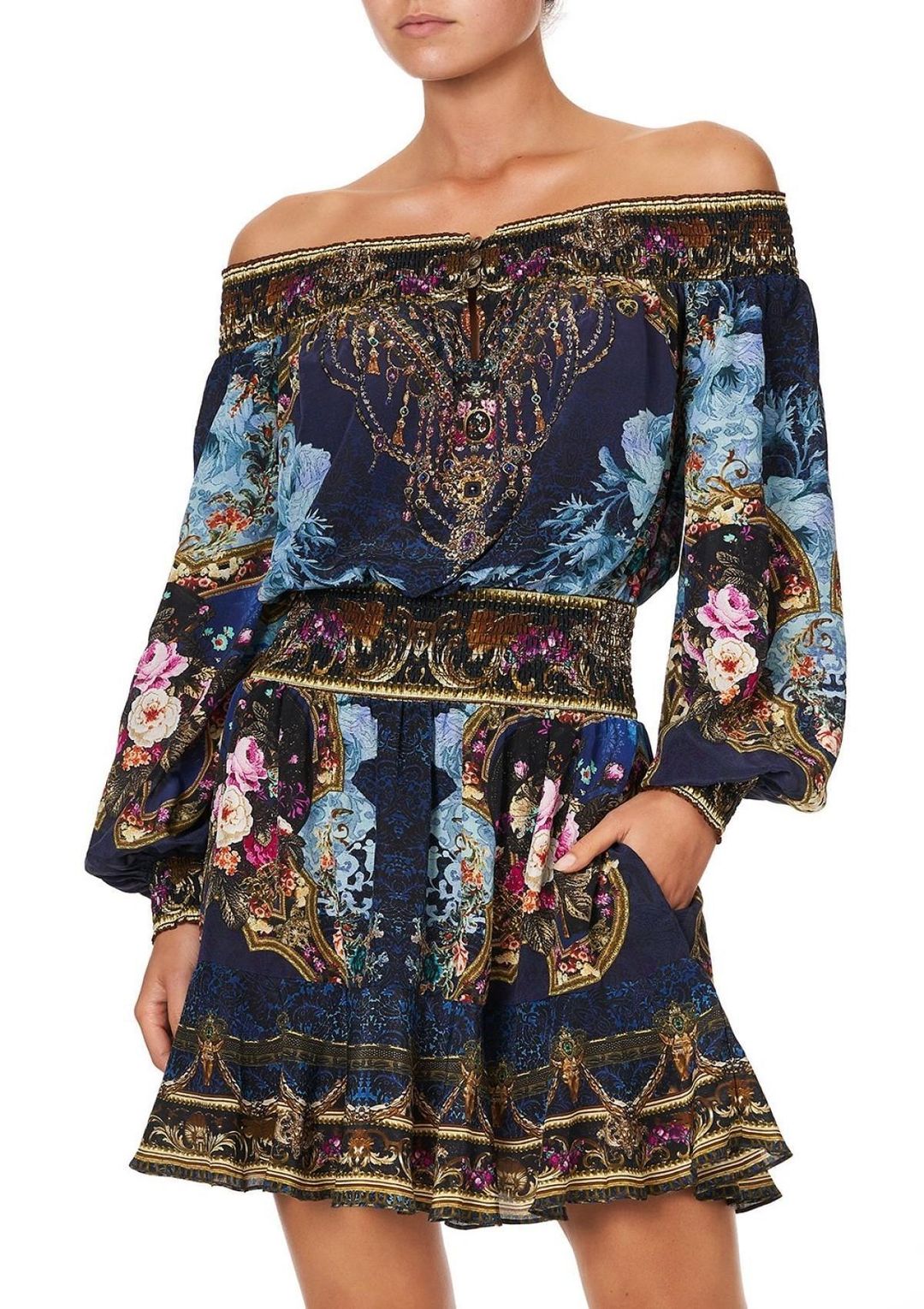 Camilla Off Shoulder Short Dress Fields of Treasure Print Size 14 for rent on The Volte - main image