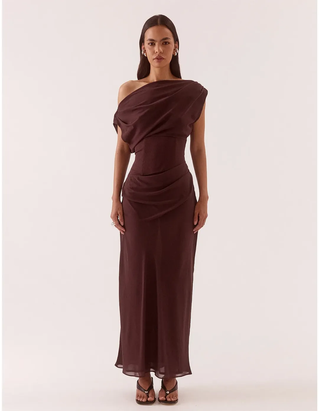 Sovere Ada Off Shoulder Dress Size 12 Chocolate for rent on The Volte - main image