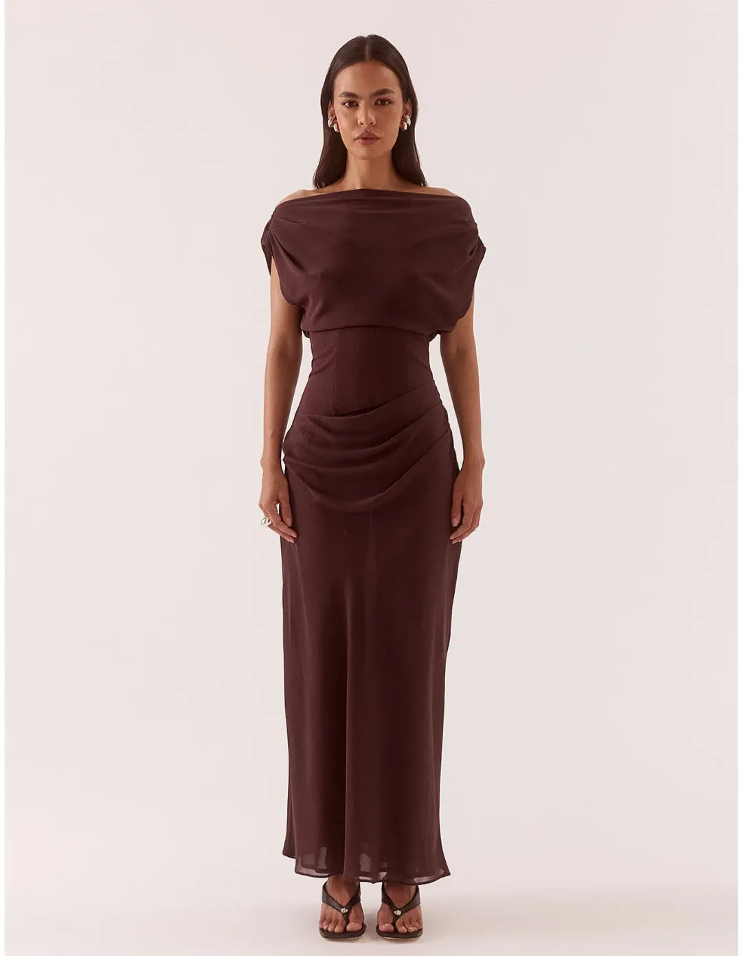 Sovere Ada Off Shoulder Dress Size 12 Chocolate for rent on The Volte - main image
