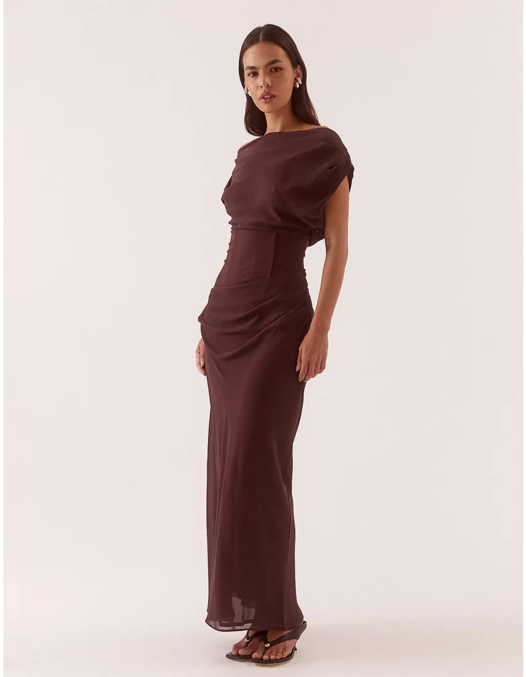 Sovere Ada Off Shoulder Dress Size 12 Chocolate for rent on The Volte - main image