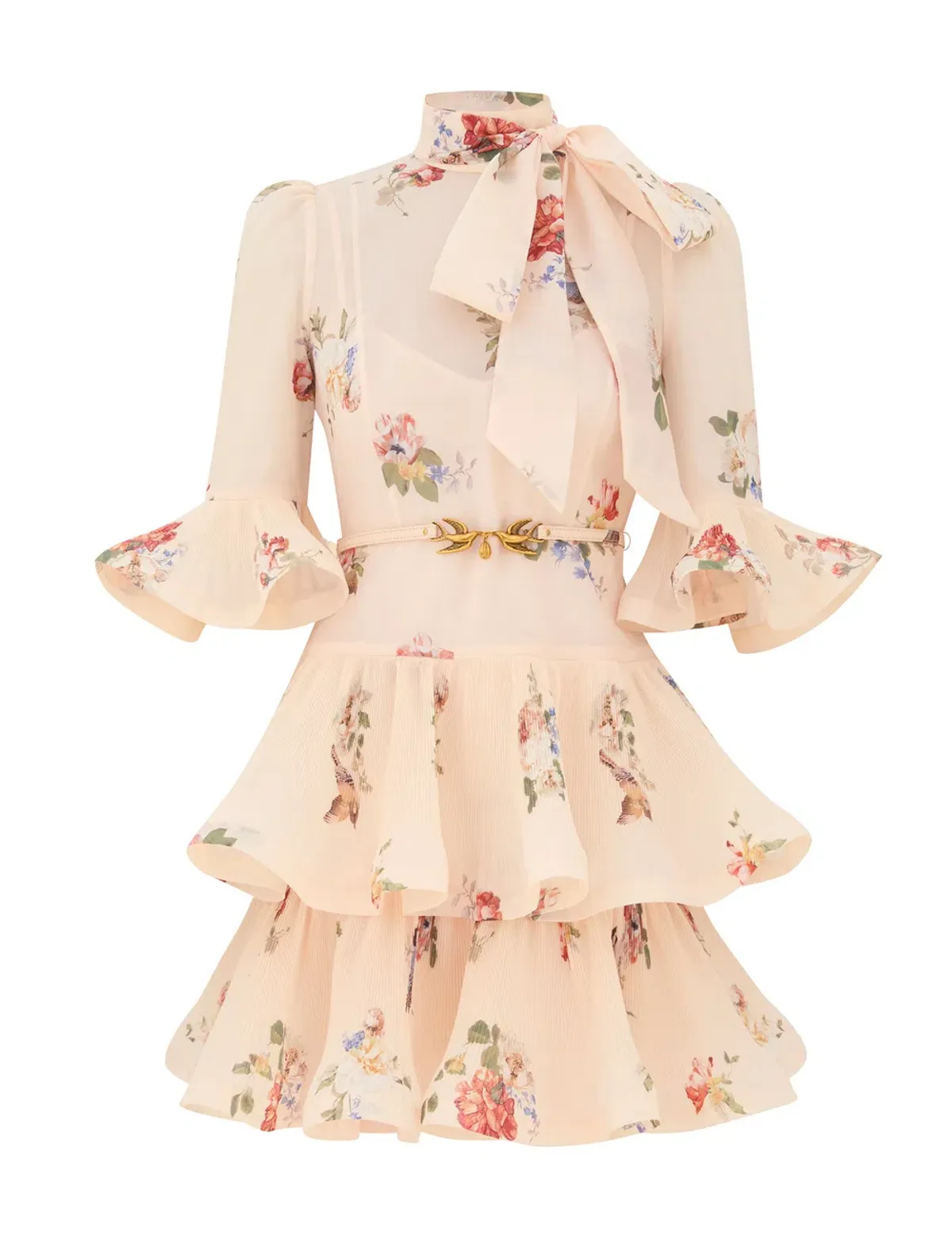 Zimmermann Pleated Sleeved Mini Dress in Cream Bird Print Size 1 / AU 10 for rent on The Volte - main image
