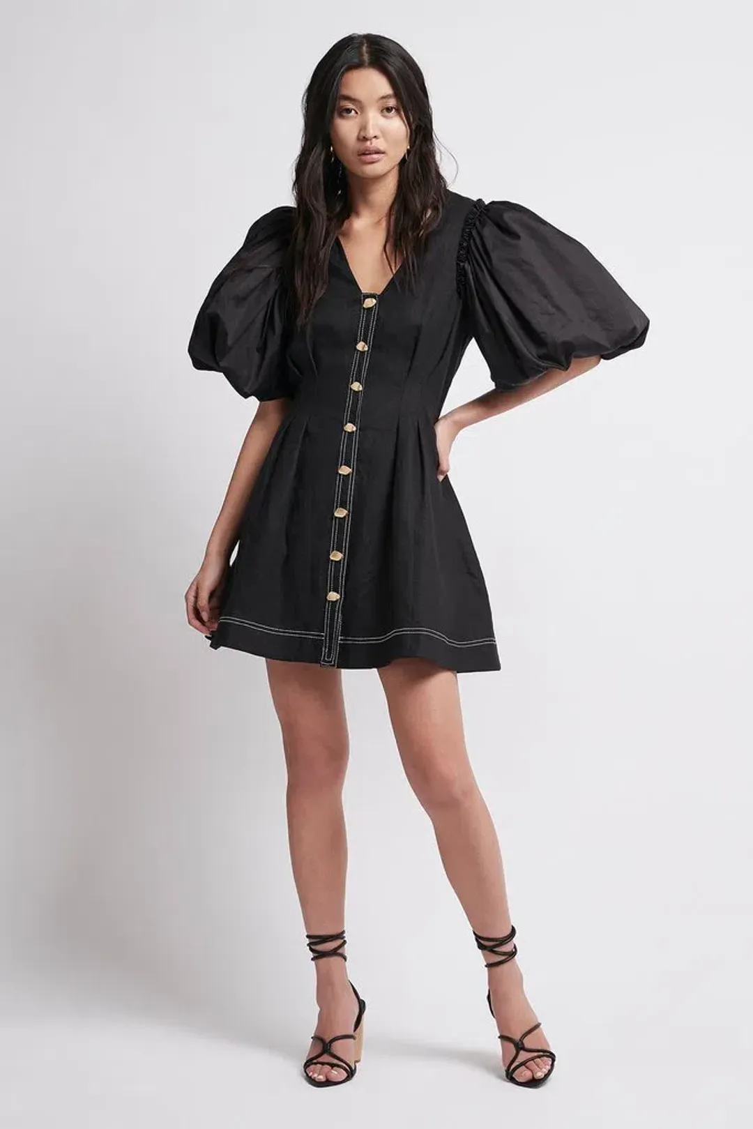Aje Quietude Puff Sleeved Linen Mini Dress Black Size 8 for rent on The Volte - main image