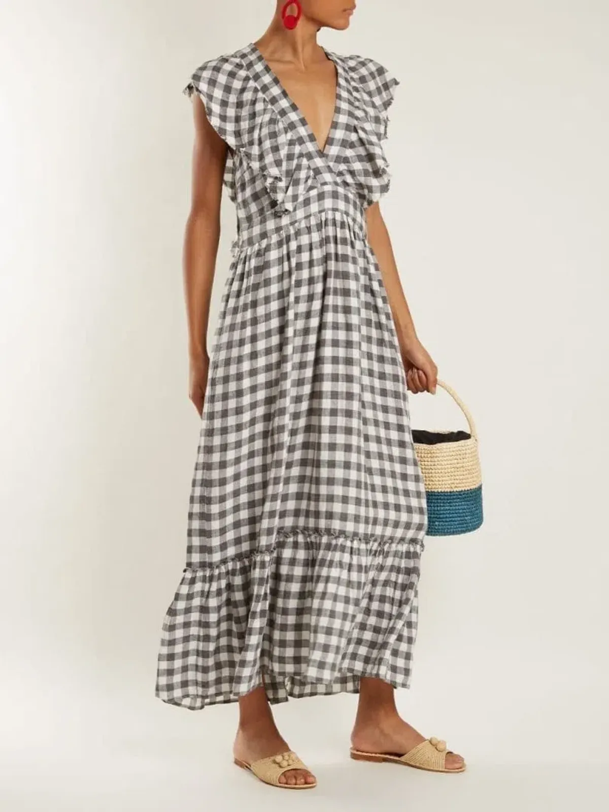 Lee Mathews Edith Gingham V Neck Dress Grey Size 12 for rent on The Volte - main image