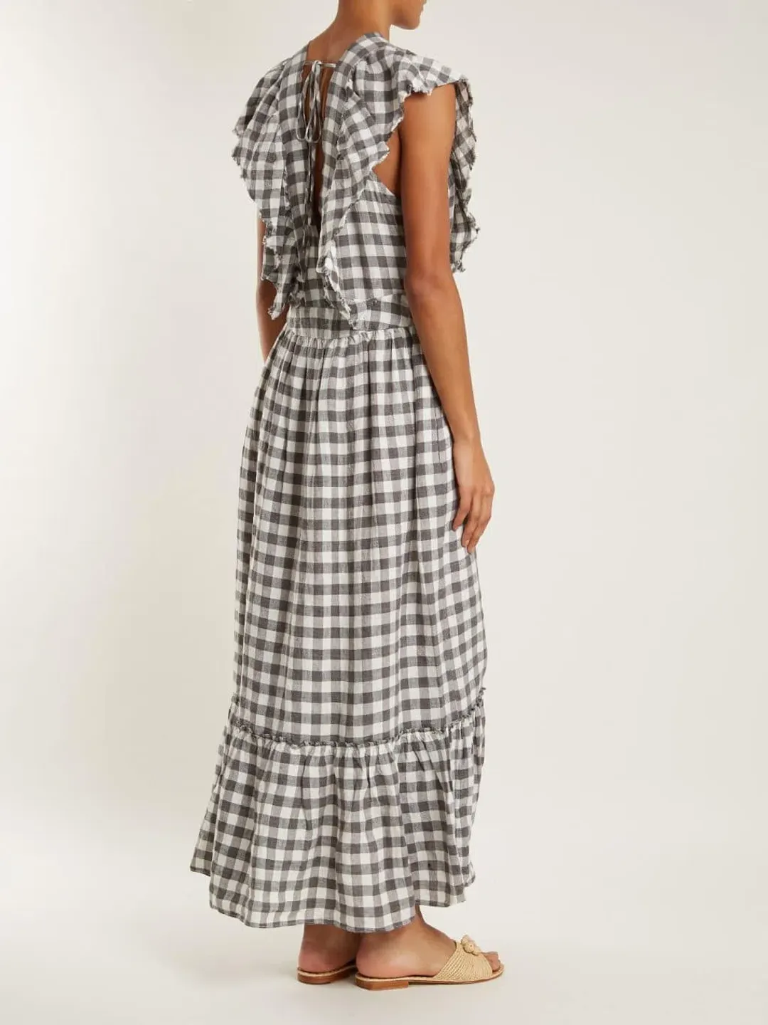 Lee Mathews Edith Gingham V Neck Dress Grey Size 12 for rent on The Volte - main image