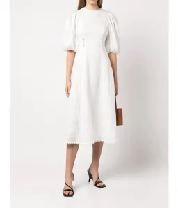 🤍ZIMMERMANN Rosa Button Detailed Lace Linen Midi Dress – Ivory White – Size 0 (AU 8)🤍 for rent on The Volte - image 2