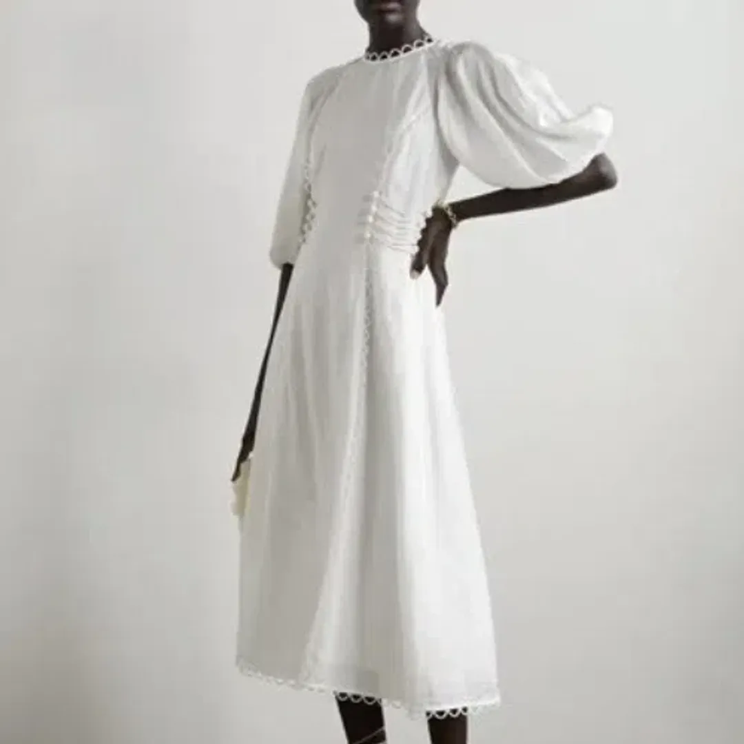 🤍ZIMMERMANN Rosa Button Detailed Lace Linen Midi Dress – Ivory White – Size 0 (AU 8)🤍 for rent on The Volte - main image