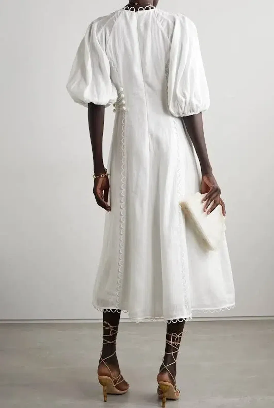 🤍ZIMMERMANN Rosa Button Detailed Lace Linen Midi Dress – Ivory White – Size 0 (AU 8)🤍 for rent on The Volte - main image