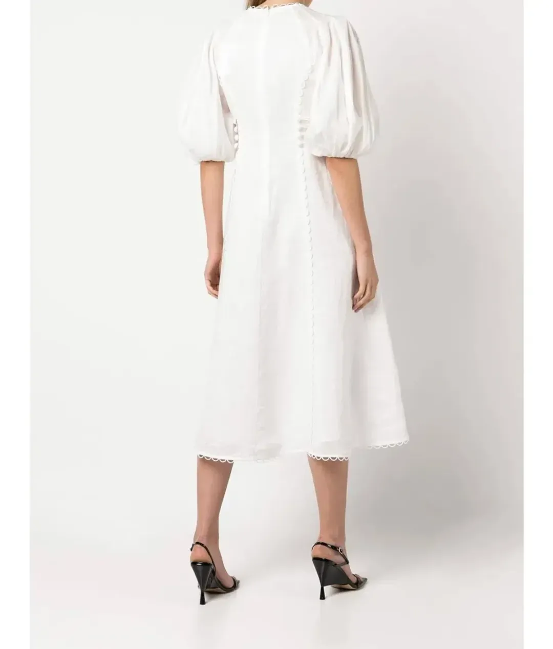 🤍ZIMMERMANN Rosa Button Detailed Lace Linen Midi Dress – Ivory White – Size 0 (AU 8)🤍 for rent on The Volte - main image