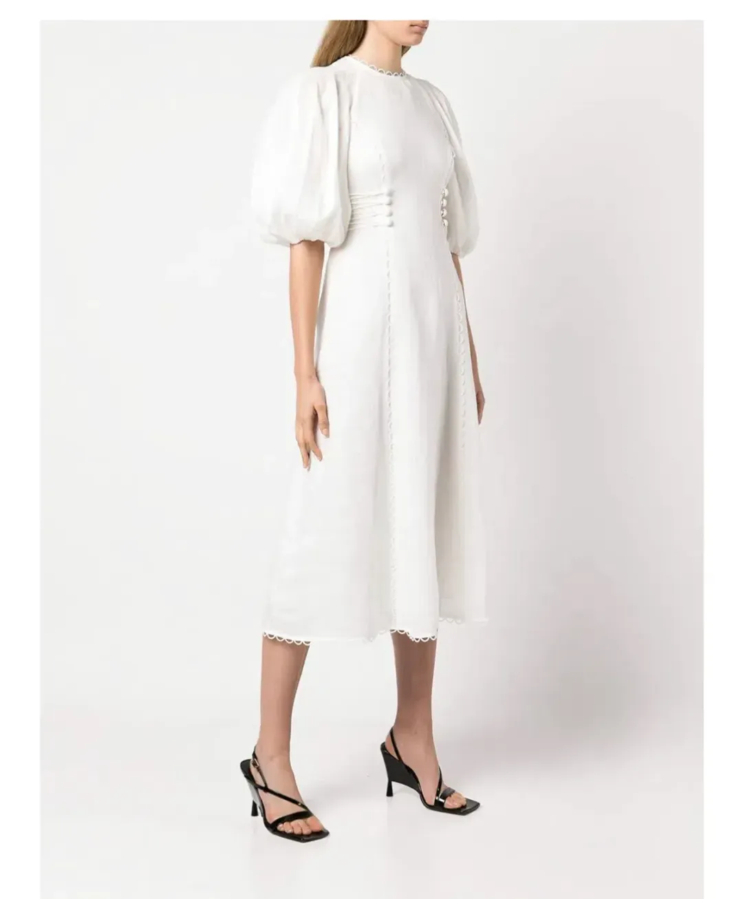 🤍ZIMMERMANN Rosa Button Detailed Lace Linen Midi Dress – Ivory White – Size 0 (AU 8)🤍 for rent on The Volte - main image