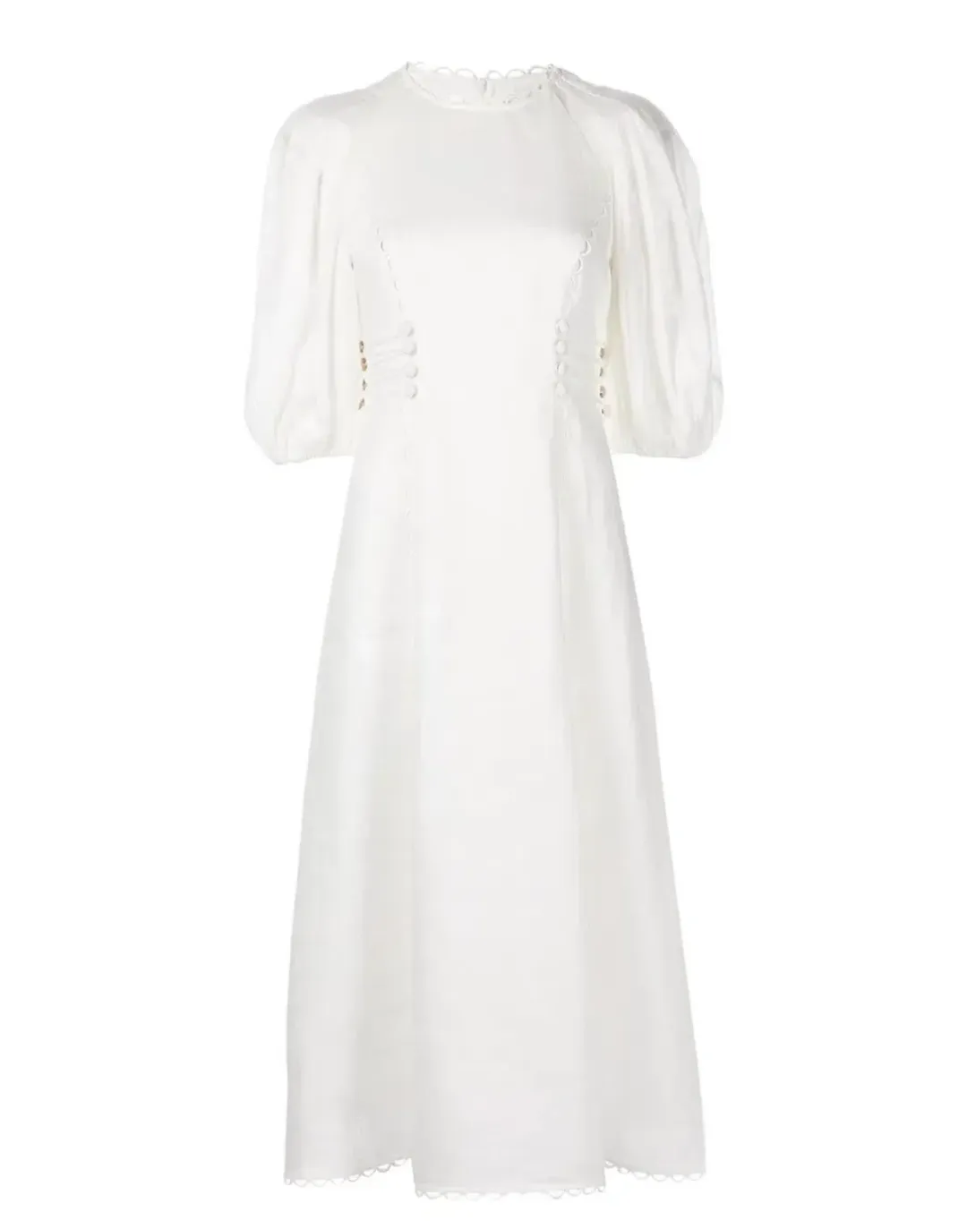 🤍ZIMMERMANN Rosa Button Detailed Lace Linen Midi Dress – Ivory White – Size 0 (AU 8)🤍 for rent on The Volte - main image