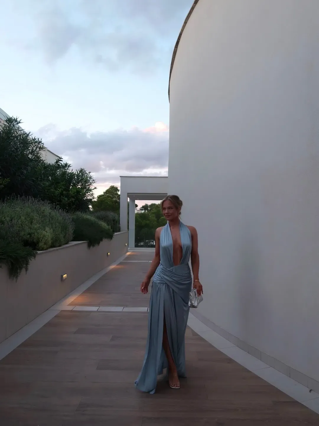 Courtney Zheng Selene Plunge Jersey Gown Blue size 8 for rent on The Volte - main image
