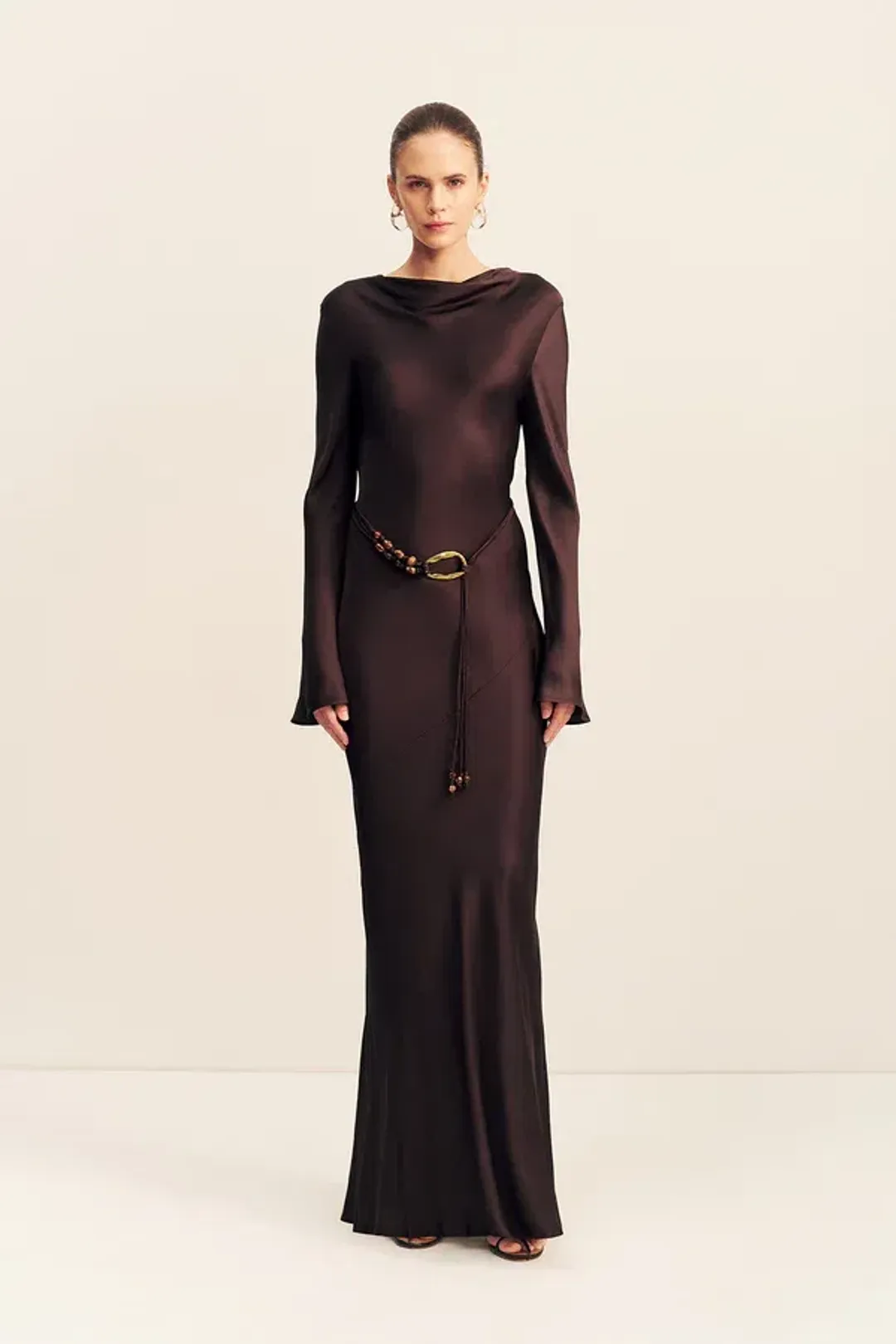 Shona Joy Agnes Long Sleeve Maxi Dress With Belt in Espresso - size 8 for rent on The Volte - main image