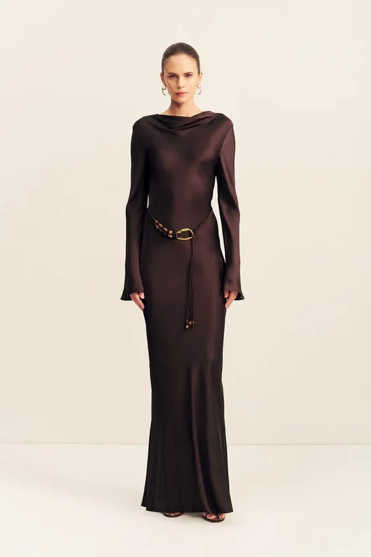 Shona Joy Agnes Long Sleeve Maxi Dress With Belt in Espresso - size 8 for rent on The Volte - main image