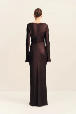 Shona Joy Agnes Long Sleeve Maxi Dress With Belt in Espresso - size 8 for rent on The Volte - image 5