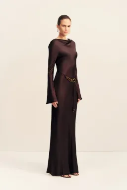 Shona Joy Agnes Long Sleeve Maxi Dress With Belt in Espresso - size 8 for rent on The Volte - image 3