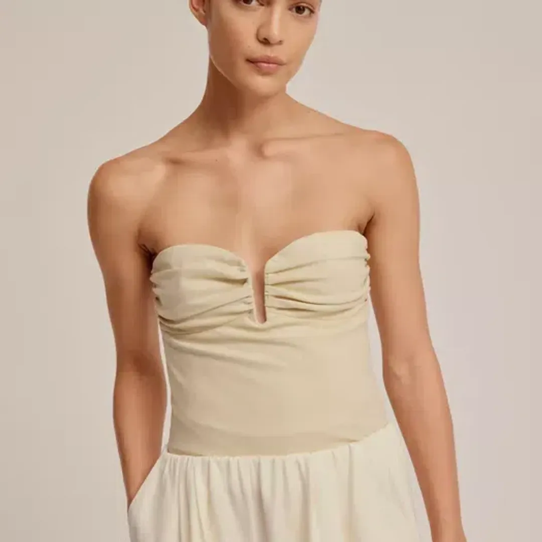 Venroy Ruched Strapless Bodice Pale Straw Size 6 for rent on The Volte - main image
