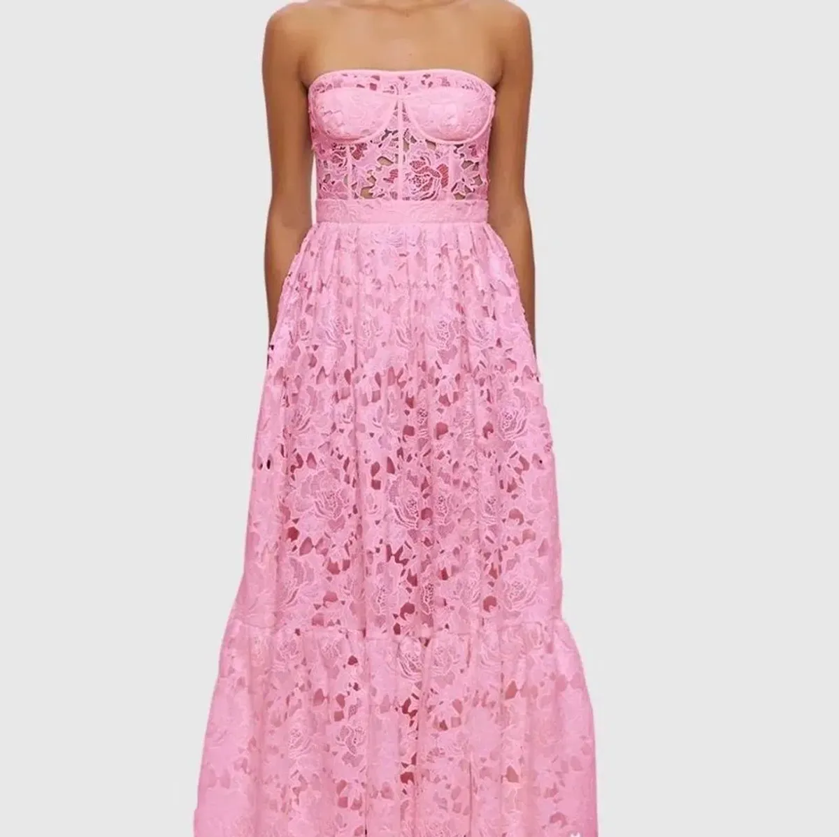 Leo Lin Emilia Lace Bustier Midi Dress Candy Pink Size 12 for rent on The Volte - main image