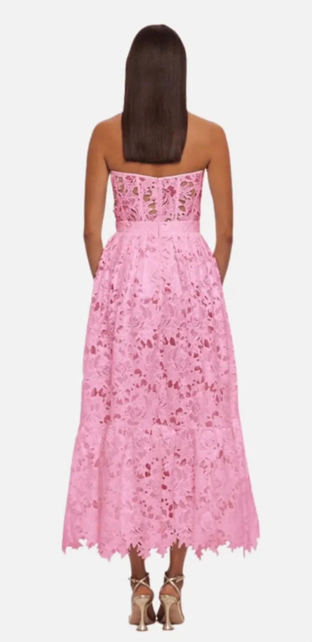 Leo Lin Emilia Lace Bustier Midi Dress Candy Pink Size 12 for rent on The Volte - main image