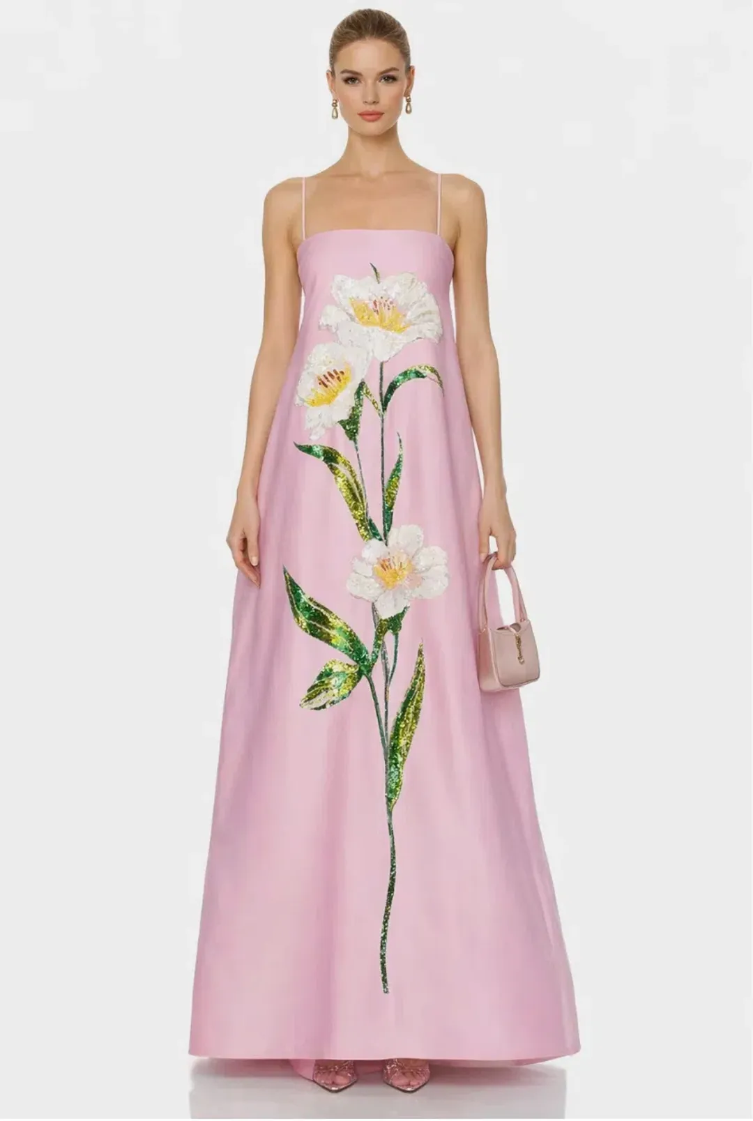 LEO LIN Frances Applique Maxi Dress AU12 Pink Floral Silk Formal Event NWT for rent on The Volte - main image