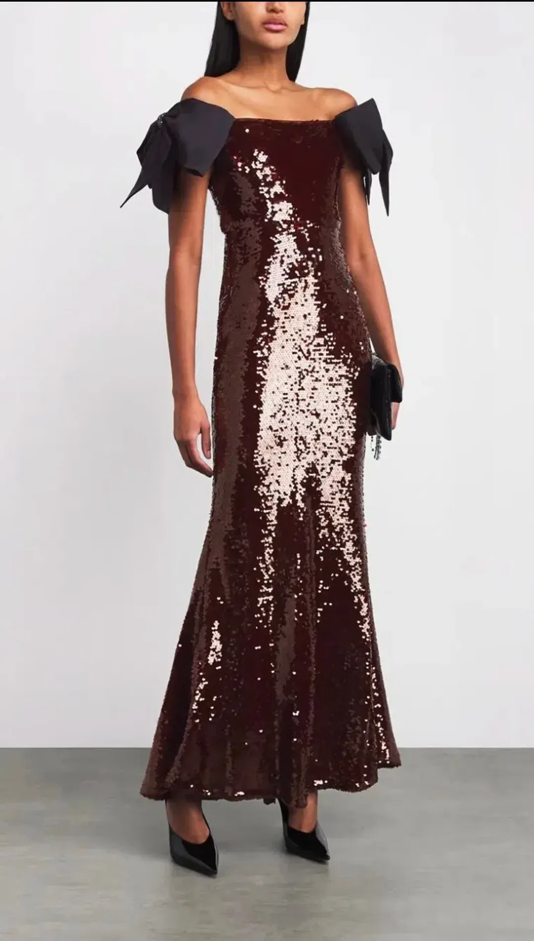 Self-Portrait Brown Sequin Bow Maxi Dress Size 6  for rent on The Volte - main image