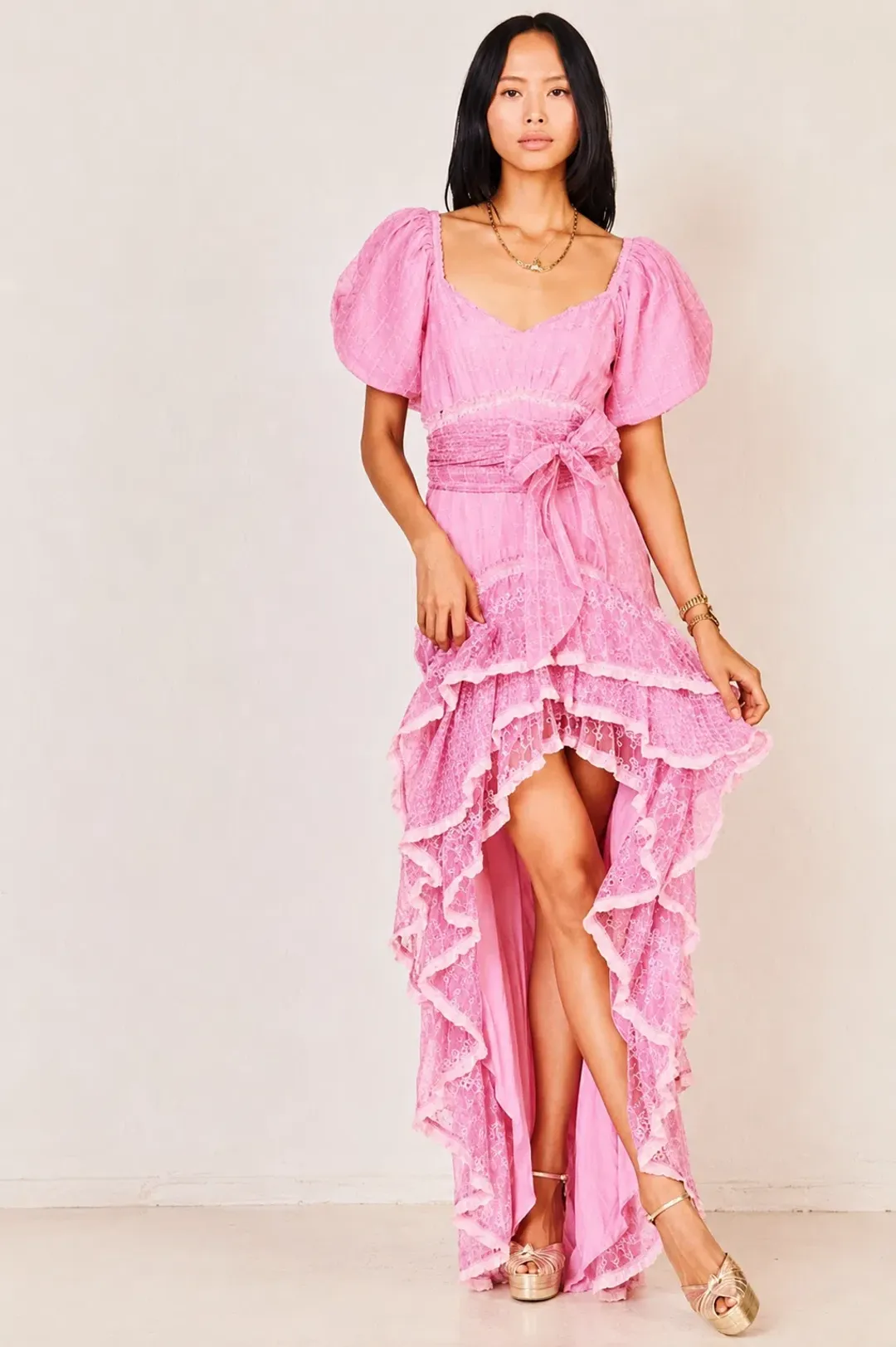 LoveShackFancy Cayden Embroidered Silk Ruffle Dress Pink Size AU 6  for rent on The Volte - main image