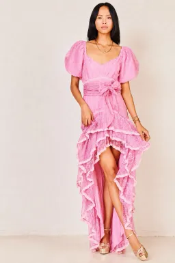 LoveShackFancy Cayden Embroidered Silk Ruffle Dress Pink Size AU 6  for rent on The Volte - image 2
